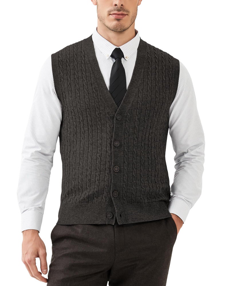 Kallspin Men's Cable Knit Sweater Vest Wool Blend V Neck Button Down Sleeveless Cardigan Vest(Charcoal, 2X-Large) - Image 1
